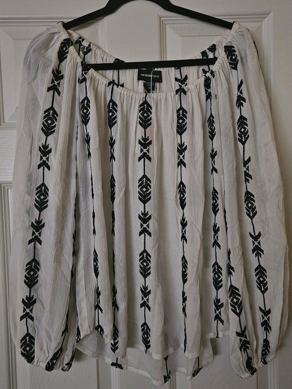 Fifteen Twenty White Boho Peasant Blouse with Black Embroidery